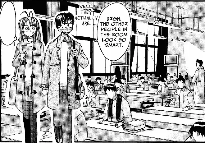 Manga panel from Love Hina. Keitaro looks at all the other people inside a classroom and nervously says that everyone looks smart.