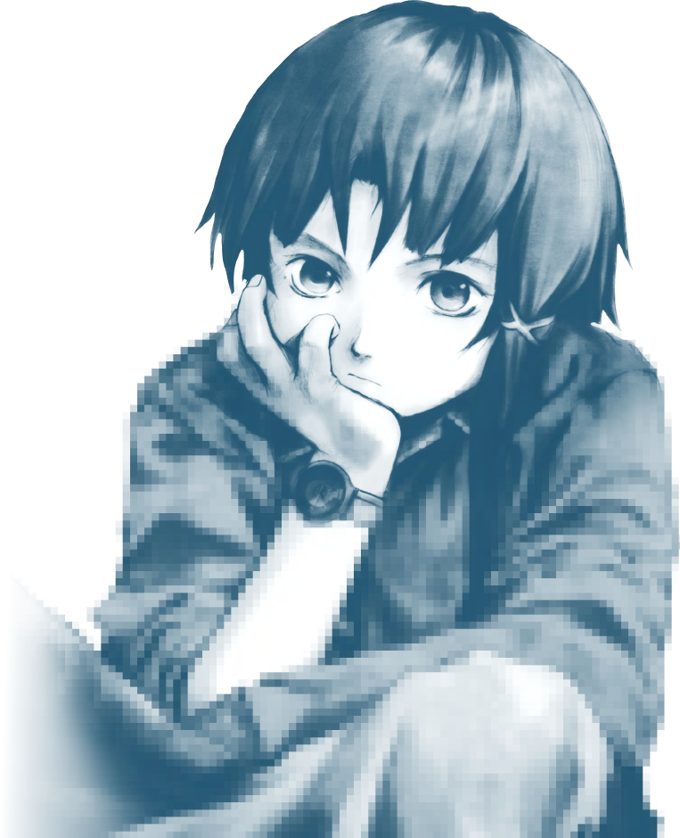 Lain Iwakura, calming looking at you with her head resting on her hand.
