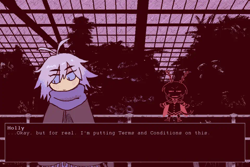 Screenshot of When it Rains. Holly is saying "...Okay, but for real. I'm putting Terms and Conditions on this." to Mardöll